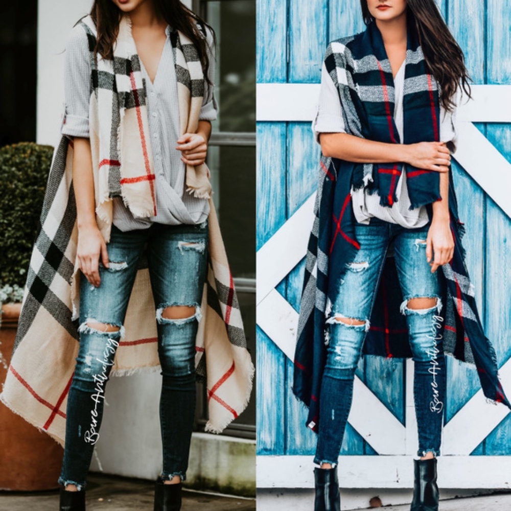 Cozy plaid open front loose knit long vest